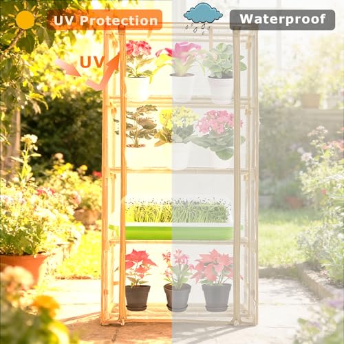 Purlyu Mini Greenhouse for Indoor Outdoor, Small Plastic Plant Green House 4-Tier Rack Stand Portable Greenhouses with Durable PE Cover for Seedling, 2.5x1.6x5.2 FT - style: Steel Frame+PE cover(white)