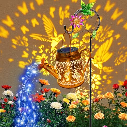 Solar Lights Outdoor Garden Decor, Hummingbird Hanging Watering Can Lights - style: Hummingbird with Butterfly