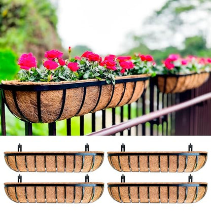 LaLaGreen Railing Planters Box (36", 4 Pack) Black Metal Rectangular Window Flower Box with Coco Liner, Extra Large Wall Hanging Planter for Outdoor Plants Deck Rail Fence Bracket Balcony Porch Decor - size: 36" (91cm) x 4 pack