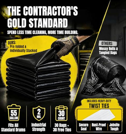 55 Gallon Contractor Garbage Bags Heavy Duty,2 Mil,30 Count,Black