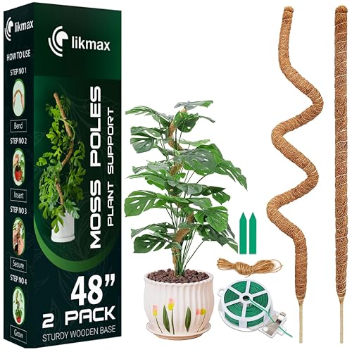 2-Pack 48'' Bendable Moss Poles for Monstera & Climbing Plants – Flexible Trellis Plant Support Stakes with Accessories – Indoor & Outdoor Use