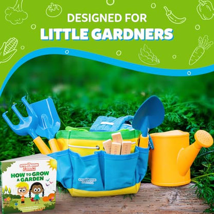 Kids Gardening Set – Toddler Gardening Kit Includes Watering Can for Kids, Shovel, Rake, Plant Stakes, Kids Gardening Gloves, Tote Bag & STEM Learning Gardening Guide Book - Garden Tool Set Blue - color: Blue
