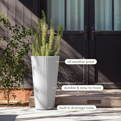 Veradek Demi Series Tall Planter - Tall Tapered Outdoor Planter with Shelf - color: White, style: Narrow Groove