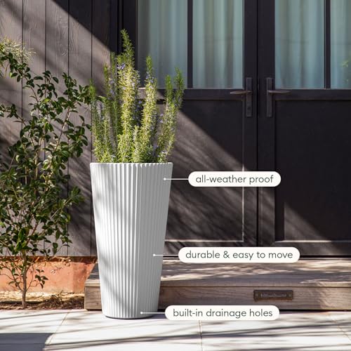 Veradek Demi Series Tall Planter - Tall Tapered Outdoor Planter with Shelf - color: White, style: Narrow Groove -2 Pack