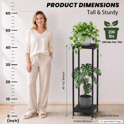 TOSKING 2-Tier Wide & Tall Plant Stand Indoor, Modern Metal Shelf, Black - color: Black-2-tier 41''