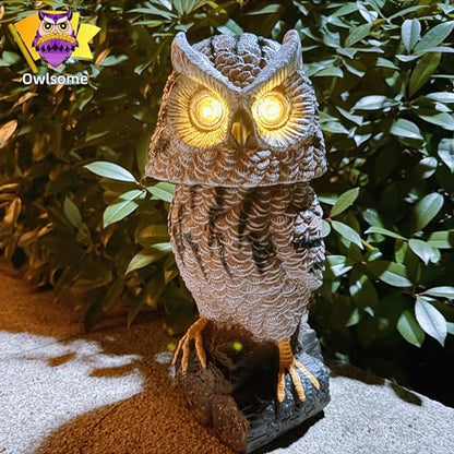 Owlsome Solar Tiger Owl with Flashing Eyes, Rotating Head, Hoot Sound, Motion Detector and Silent Mode, Plastic Owl Garden Sculpture, Garden Decoration