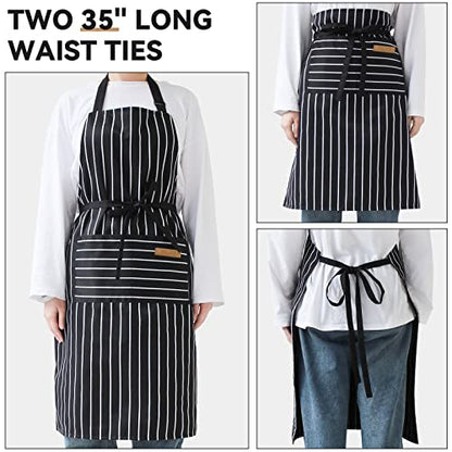 NLUS 2 Pack Cooking Aprons for Women with Pockets Adjustable Kitchen Bib Aprons for Women Men Chef, Black/White Stripe (Classic Black/White Stripes) - color: White/Black-2