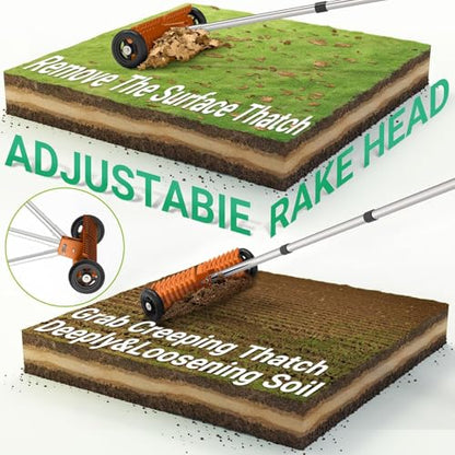 Thatch Rake, 15-Inch Dethatcher Rake for Lawn with Rolls Adjustable 0-15°