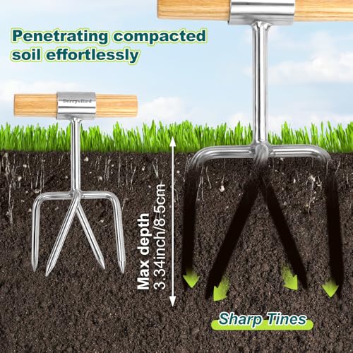 Twist Tiller, 4 Stainless Steel Tines Hand Tiller for Gardening