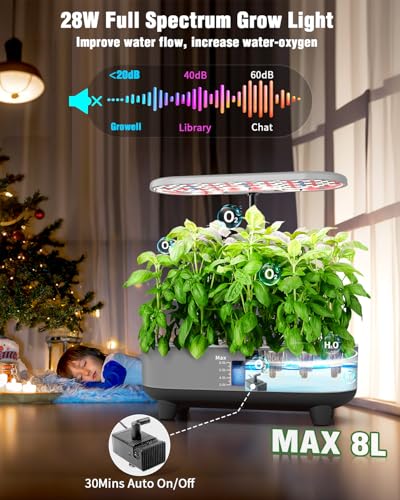 Growell Hydroponics Growing System Kit, 16 Pods Indoor Garden with 28W Full Spectrum LED Grow Light, Auto Timer, 3 Smart Light Modes, 8L Large Herb Garden, Ideal Gardening Gift for Women, Men (Gray) - color: Gray