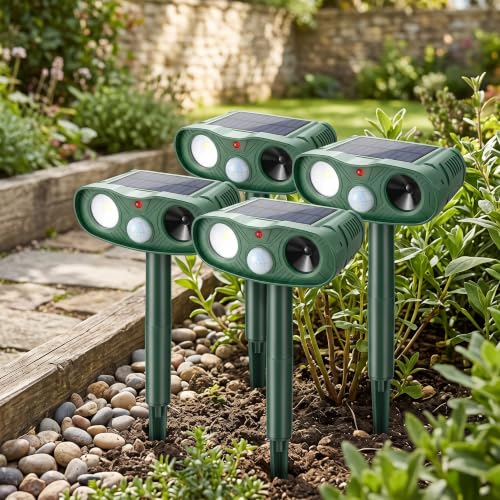 Deer Raccoon Squirrel Repellent Outdoor 4 Pack, Solar Motion Sensor Ultrasonic Animal Deterrent with White Flashing Light for Rabbit Skunk Fox Cat Dog Garden Yard