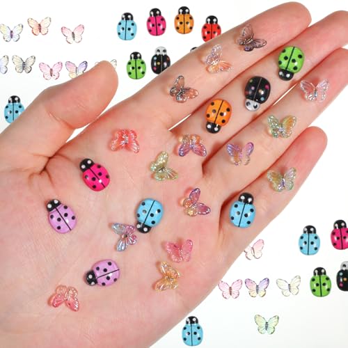 Sibba 100Pcs Mini Resin Butterfly Ladybug, Miniature Dollhouse Fairy Garden Accessories, Mini Resin Animals Figurines for Adults Micro Landscaping, Terrarium, Scrapbook, Nail Art - style: Butterfly, Ladybug