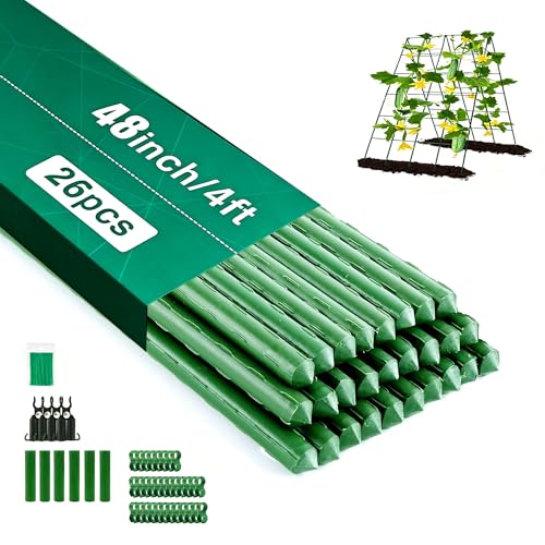 Orgrimmar 26 PCS 48" Garden Stakes 4ft Plastic Coated Climbing Plant Support Stakes Climbing Frame for Tomato Cucumber Eggplant Vine Vegetable (48 Inch) - size: 48 Inch