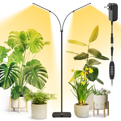 Grow Light for Indoor Plant,Dual Head Full Spectrum with 3/9/12H Auto Timer - color: Black