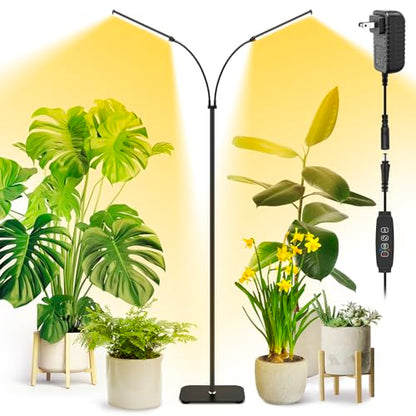 Grow Light for Indoor Plant,Dual Head Full Spectrum with 3/9/12H Auto Timer - color: Black