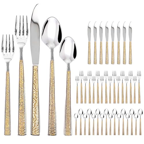 SNAIL GARDEN 40-Piece Gold Flatware Set for 8, 18/10 Stainless Steel Silverware Set with Extended Handle & Small Head, Dishwasher Safe Utensils for Wedding, Housewarming, Everyday Use