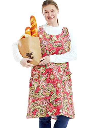 Big Plus Size Aprons for Women with Pockets Cotton Linen Baking Kitchen Cooking - color: Red Flowers