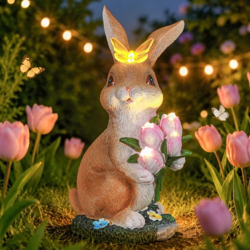 Solar Garden Rabbit Statue Outdoor Decor, Brown Bunny Figurine with LED Butterfly & Tulips, Resin Yard Art Ornament for Patio Lawn, Birthday Gardening Gifts for Women Mom Grandma - color: Brown