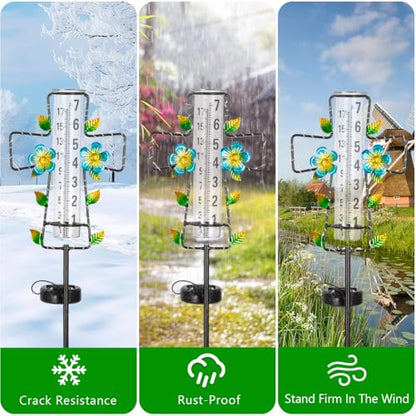 Solar Rain Gauge Outdoor with Lights,7” Glass Tube Cross Rain Gauge - color: Blue Cross