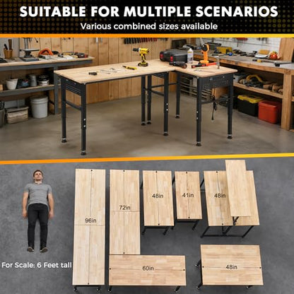 48" Adjustable Workbench with Rubberwood Top & Power Outlet,Large 48 x 24 Inch 9-Level Height Range 27"-37", 2000 LBS Heavy Duty Capacity for Workshop, Office, Garage, Home - size: 48*24 Inch