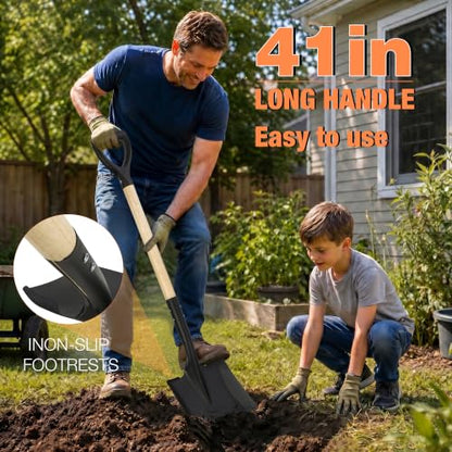 41-Inch Square Point Transfer Shovel, Wooden Handle with D-Grip & Alloy Steel Flat Head Spade Shovel, Ideal for Landscaping, Digging, Soil Moving, Cleanup Job & Yard Projects