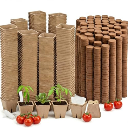 500 Sets Seed Starter Plant Pot Kit, 2.36" Square Peat Pots, Compressed Coir Fiber Potting Soil, Biodegradable Nursery Pot Bulk, Garden Germination Container with Planting Labels for Plant