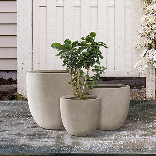 Kante Set of 3 Weathered Concrete Bowl Round Planters for Modern Home - color: Weathered Concrete, size: 18"W + 14"W + 10"W