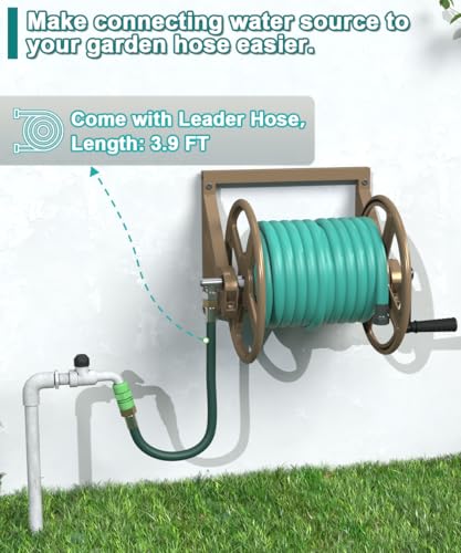 Artigarden Garden Hose Reel Wall Mounted, Outdoor Heavy Duty Powder Coated Metal Water Hoses Holder Winder Holds 125 ft 5/8" Hoses with 3.9ft Leader Hose, Stainless Steel Connector for Outside, Brown - color: Brown