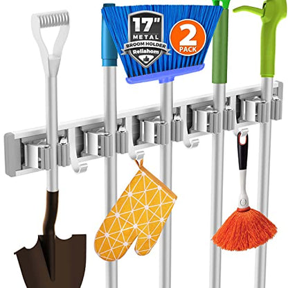 reliahom Broom Holder Wall Mount Mop Hanger Tools organizer 5Racks4Hooks,2P - color: Silver