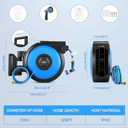 Retractable Garden Hose Reel, 1/2" x 131FT Heavy Duty Automatic Retractable Hose Reel Wall Mount, with 10- Function Sprayer Nozzle, Any Length Lock/Auto Rewind/180°Swivel - size: 130 Ft