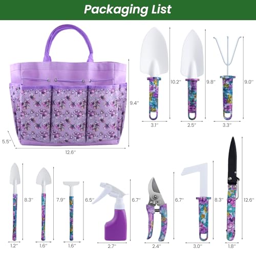 FamilyKit Gardening Tools Set,10 PC Purple Floral Garden Tool Set
