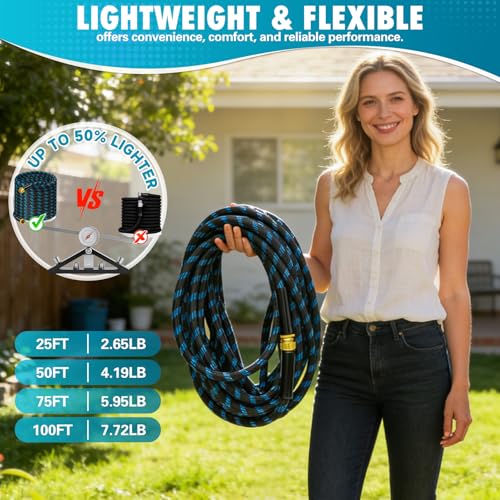 25 FTGarden Hose, Non-Expandable Flexible Fabric Water Hose with 10-Function Spray Nozzle, Kink-Free & Lightweight Yard Hose with 3/4" Solid Brass Connectors for Lawn, Outdoor, RV & Marine Use - size: 25FT