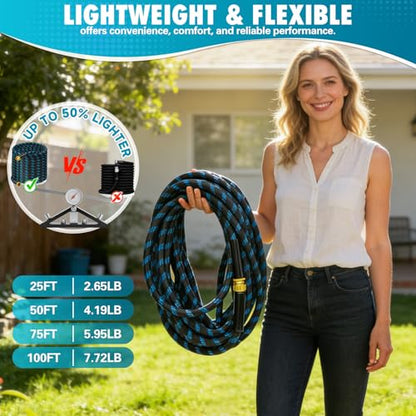25 FTGarden Hose, Non-Expandable Flexible Fabric Water Hose with 10-Function Spray Nozzle, Kink-Free & Lightweight Yard Hose with 3/4" Solid Brass Connectors for Lawn, Outdoor, RV & Marine Use - size: 25FT