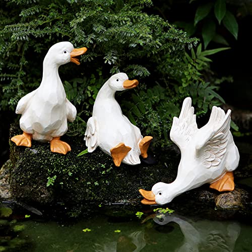 Duck Garden Statues Set of 3 Resin Funny Gift Outdoor Yard Lawn Patio Decor - color: White