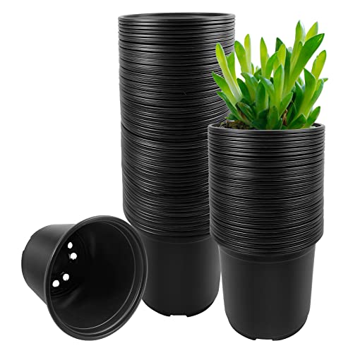RAOOKIF 100 Pack Nursery Pots, 6 Inch Plastic Plant Pots with Drainage Holes, Black Garden Flower Pots for Transplanting, Succulents, Cuttings, Seedlings (6inch,100pcs) - size: 6 Inch