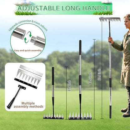 Upgraded Stainless Steel 8 Tines Garden Rake with 4-Section Adjustable Handle, Heavy Duty Manual Weeder Remover Tool for Gardening, YardWork, Weed Removal & Soil Aeration