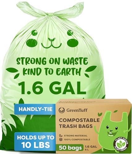 1.6 Gallon Compostable Trash Bags for Bathroom (50 Count) — Small Food Scrap & Bathroom Bin Liners — Thick 0.7 Mil Leak-Resistant Plant-Based Bags — ASTM D6400 BPI Certified - style: 1.6 Gallon | Handle-Tie | 50-pack