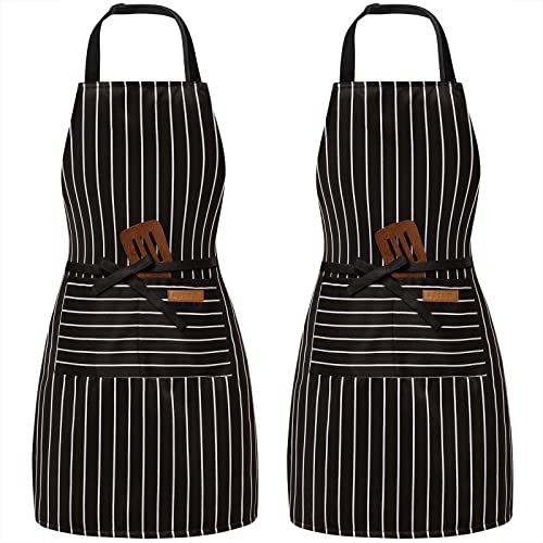 BeLuyi 2 Pack Adjustable Bib Apron with 2 Pockets Chef Cooking Kitchen Restaurant Aprons for Women Men - color: Black/Black Stripes