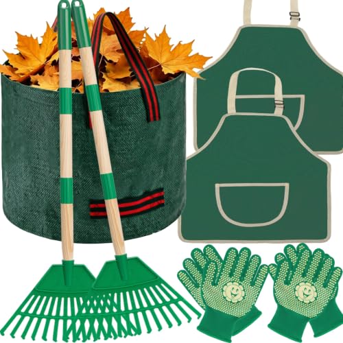 34" Kids Adjustable Leaf Rake Set 7 Pack with 2 Aprons & Leaf Bag - size: 7pcs