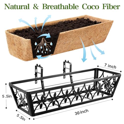 30 Inch Window Boxes Planters Railing Planter Box - 2 Pack Deck Railing Planter Boxes with Adjustable Brackets Coco Liners Balcony Planters Railing Hanging for Window Flower Boxes Outdoor Garden Decor - size: 30 Inch