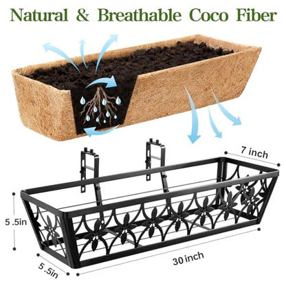 30 Inch Window Boxes Planters Railing Planter Box - 2 Pack Deck Railing Planter Boxes with Adjustable Brackets Coco Liners Balcony Planters Railing Hanging for Window Flower Boxes Outdoor Garden Decor - size: 30 Inch