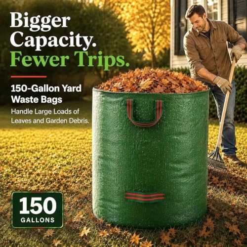 150 Gallon Oversized Reusable Yard Waste Bags, Leaf Bags for Lawn Cleanup
