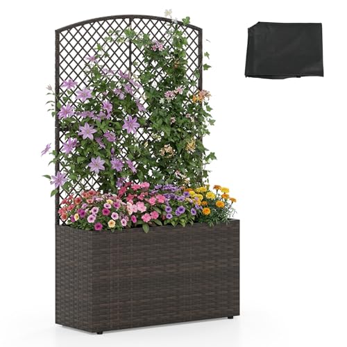 HAPPYGRILL PE Rattan Raised Garden Bed with Trellis & Privacy Screen - color: Brown