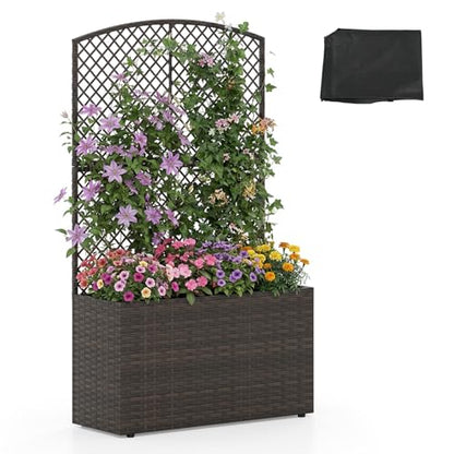 HAPPYGRILL PE Rattan Raised Garden Bed with Trellis & Privacy Screen - color: Brown