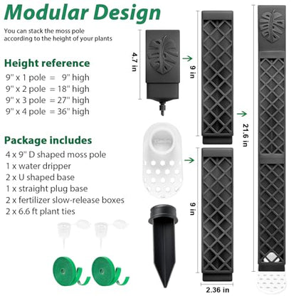 4 Pcs 9 Inch D Shaped Moss Pole with Watering Dripper, Plastic Moss Poles for Climbing Plants, Sturdy Monstera Plant Support, Self Watering Moss Pole Kit for Plants Indoor (1Pack 4Pcs-Black) - size: 1Pack 4Pcs-Black