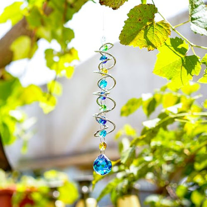 20.5in Sea Blue Crystal Gazing Ball Spiral Wind Spinner Suncatcher - color: Silver With Blue Ball Drop Prism