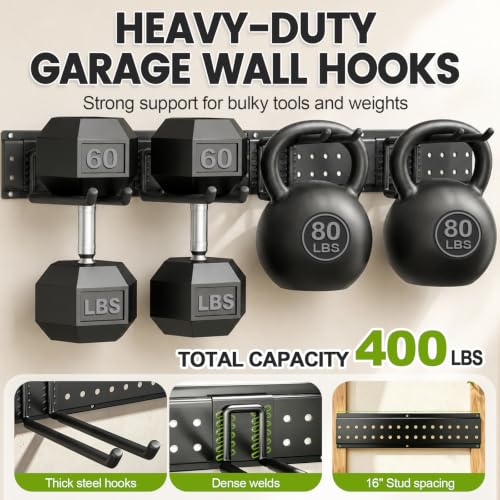 Garage Tool Organizer Wall Mount, 49.5 Inch Heavy Duty Garage Organization System with 10 Adjustable Hooks, Garden Tool Storage Rack for Garage, Yard & Shed, Holds Up to 400 lbs - size: 49.5" | 3 Panels + 10 Hooks