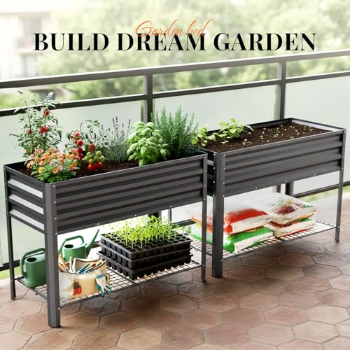 KING BIRD Large Raised Garden Bed with Legs & Storage Shelf 48×24×31.5 in