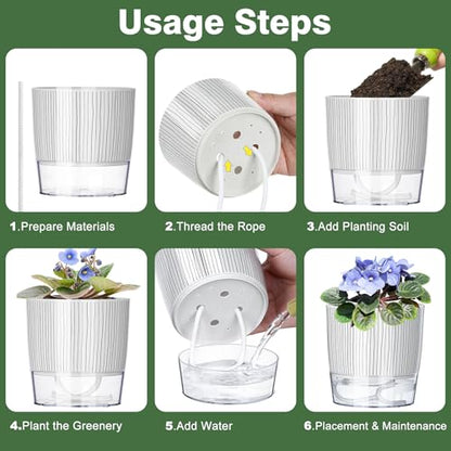 6 Pack Self Watering Pots for Indoor Plants, 4/5.5/6.3 Inch Flower Pots - color: 2s+2m+2l, 6pcs Black Stripes