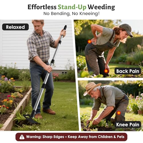 2-in-1 Garden Hoe & Weed Puller Rake, 63" Adjustable Long Handle